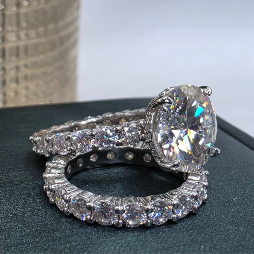 💎 4CT 🔥 FIRE Moissanite Engagement Ring + Eternity Band Set (Size 5)